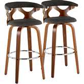 Gardenia 30" Swivel Bar Stool in Walnut Wood & Charcoal Fabric with Chrome Footrest (Set of 2)
